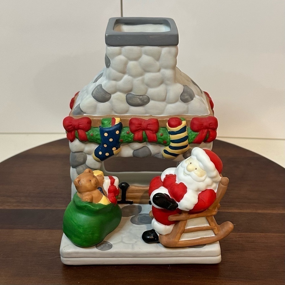 Vintage Santa by the Fireplace Ceramic Tealight Holder – Christmas Décor 1 of 2